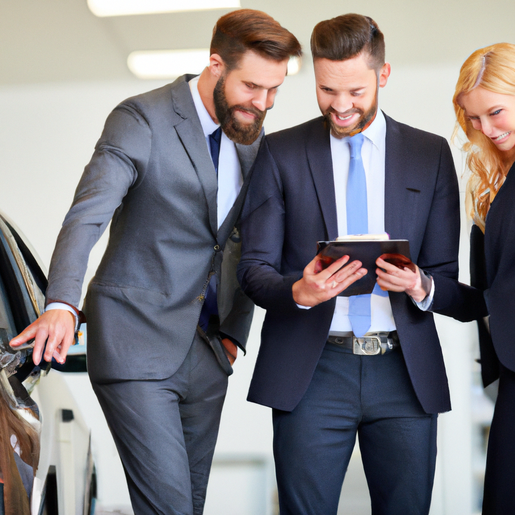 Equipe profissional em concessionária de carros de luxo
